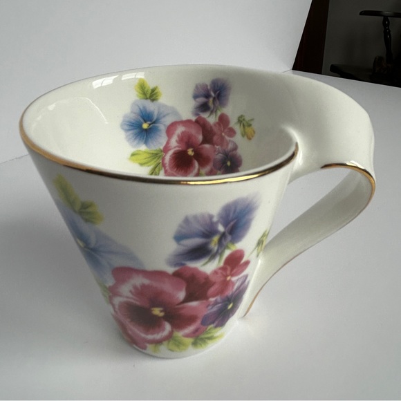 Adeline Fine Porcelain Tea Cup and Saucer Set Pink and Blue Pansy Gold Trim - Picture 11 of 14